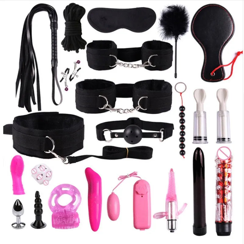 23-Piece BDSM Bondage Set for Couples – Handcuffs, Whip, Mouth Gag, Anal Plugs, Vibrator