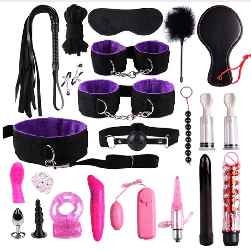 23-Piece BDSM Bondage Set for Couples – Handcuffs, Whip, Mouth Gag, Anal Plugs, Vibrator