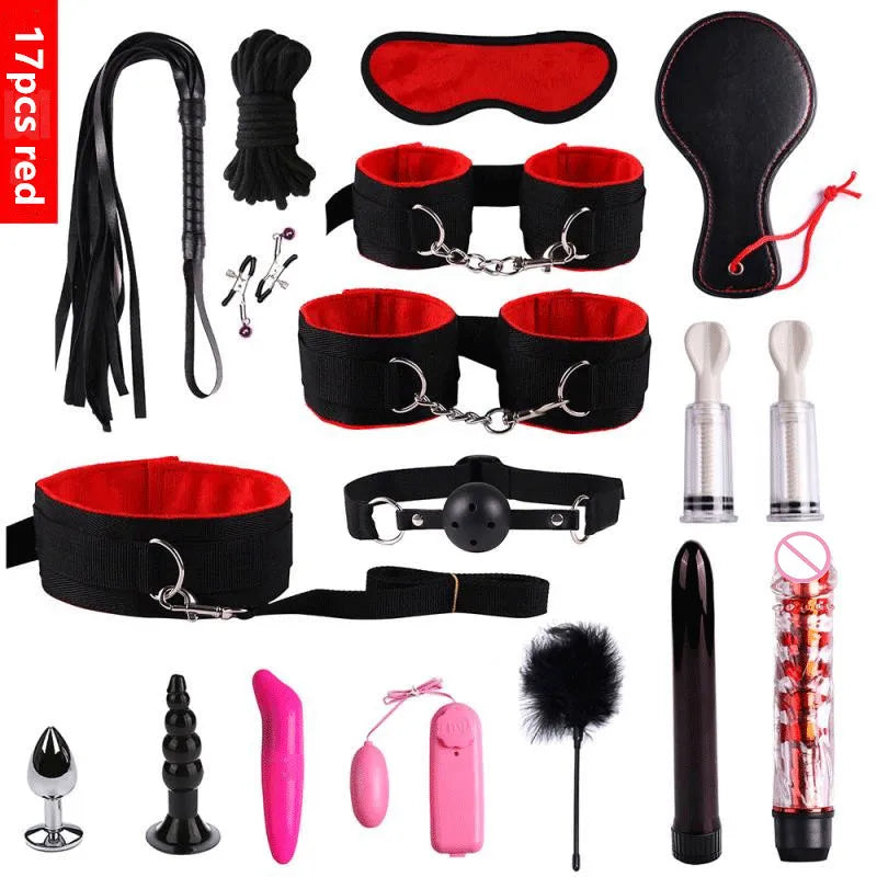 23-Piece BDSM Bondage Set for Couples – Handcuffs, Whip, Mouth Gag, Anal Plugs, Vibrator