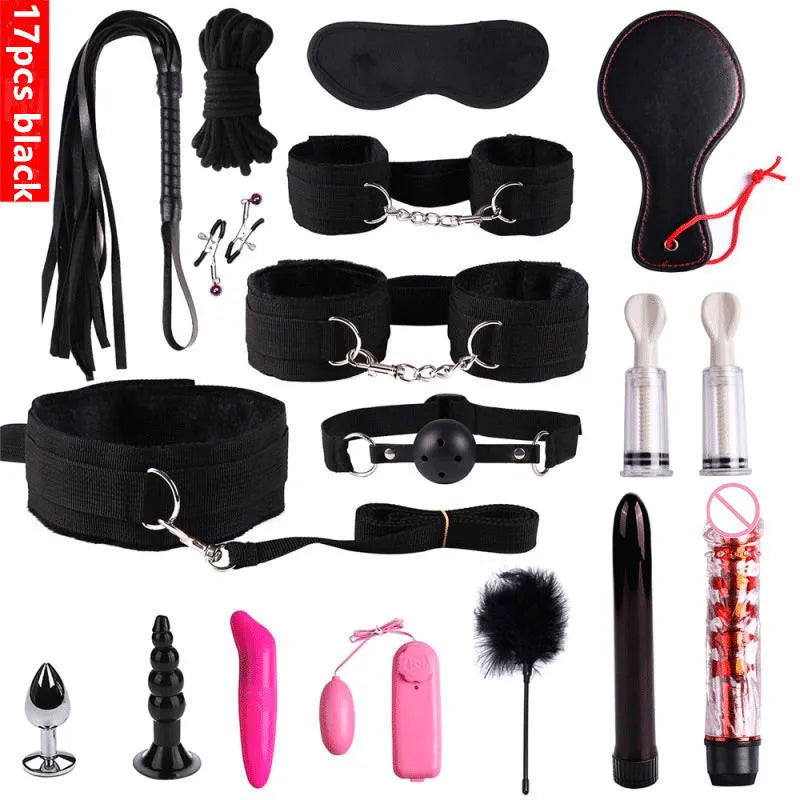 23-Piece BDSM Bondage Set for Couples – Handcuffs, Whip, Mouth Gag, Anal Plugs, Vibrator