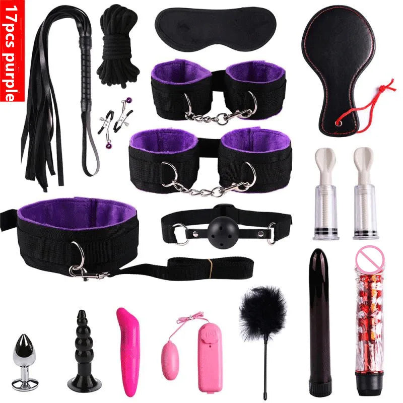 23-Piece BDSM Bondage Set for Couples – Handcuffs, Whip, Mouth Gag, Anal Plugs, Vibrator