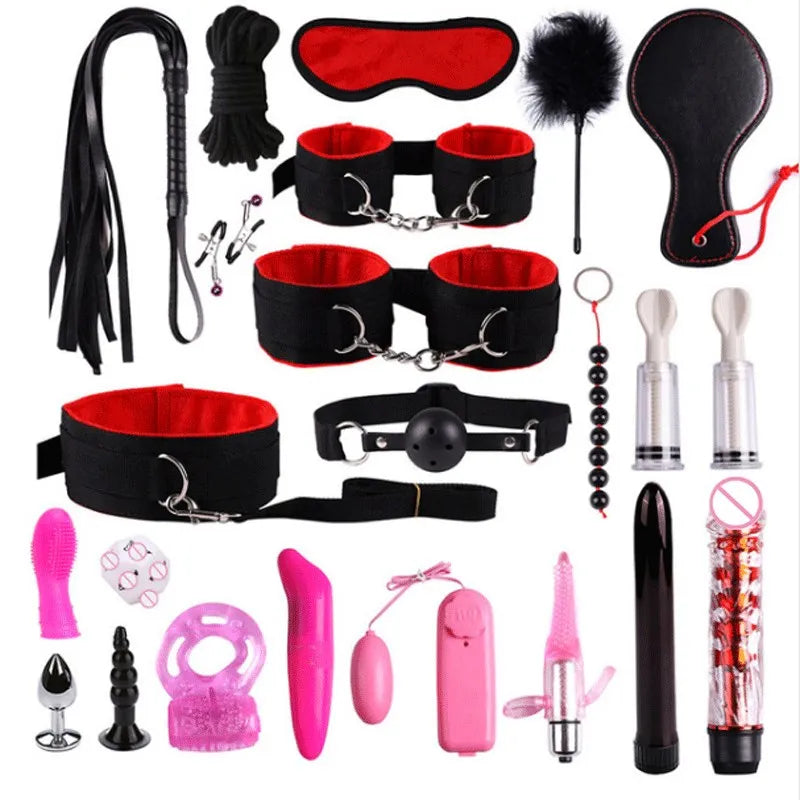 23-Piece BDSM Bondage Set for Couples – Handcuffs, Whip, Mouth Gag, Anal Plugs, Vibrator